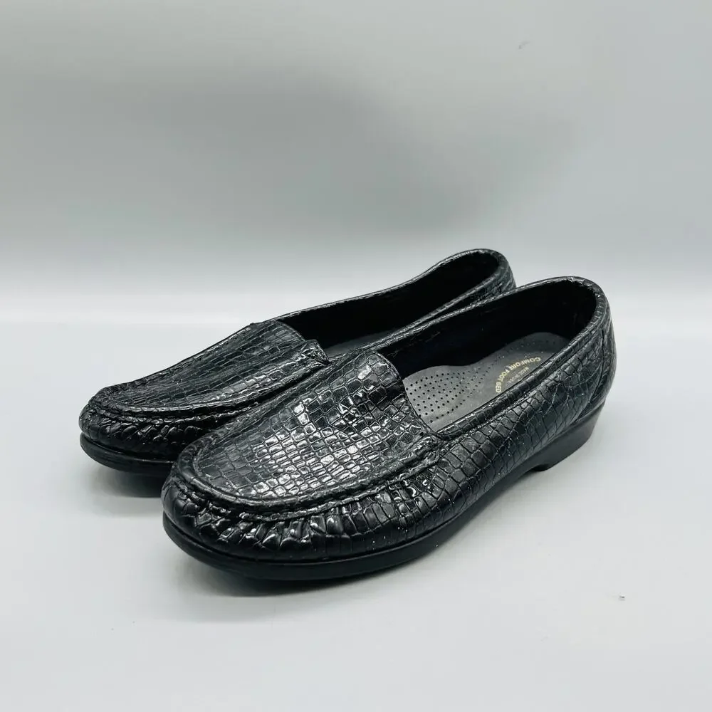 SAS Shoes Womens 7.5 Black Leather Croc Print Tripad Comfort Loafers Slip On